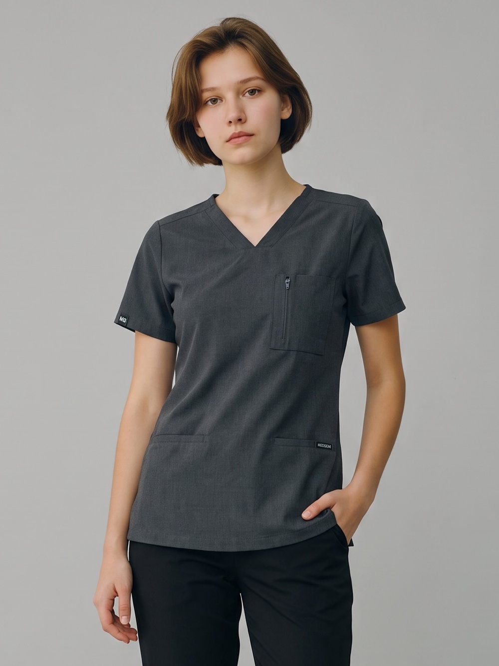 MedGear Scrub Top Charcoal Gray V Neck Medical Nurse Workwear Zip Pocket